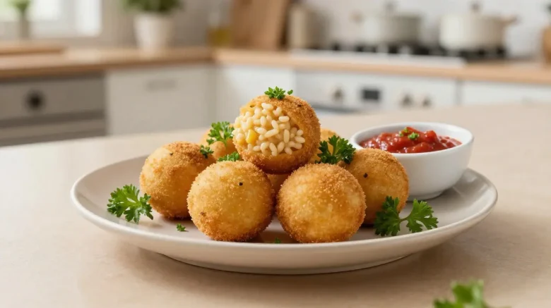 Délicieux arancini siciliens cuits au airfryer, croustillants à l'extérieur et moelleux à l'intérieur.