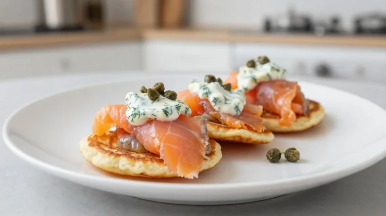 Blinis légers avec du saumon fumé, préparés à l'airfryer pour une cuisson parfaite.
