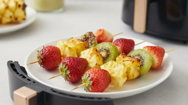 Délicieuses brochettes de fruits préparées dans un airfryer, parfaites pour un dessert léger.