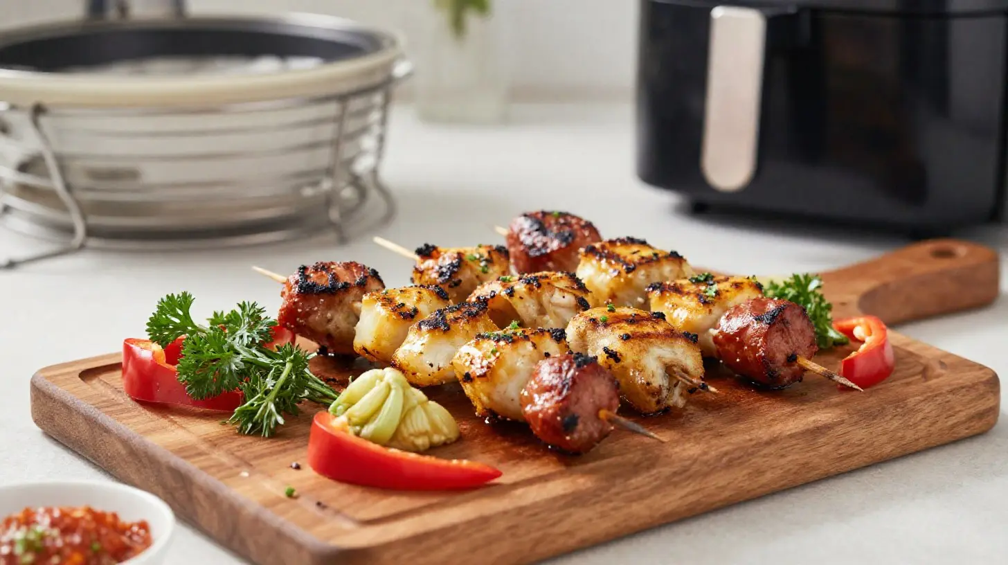 Délicieuses brochettes de lotte au chorizo préparées dans un airfryer.