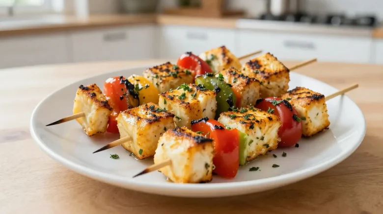 Délicieuses brochettes de halloumi croustillantes et dorées préparées à l'airfryer.