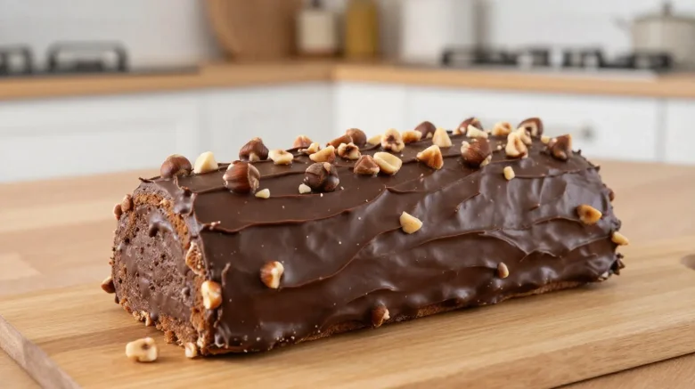 Délicieuse bûche de Noël au chocolat et à la noisette, parfaite pour les fêtes.