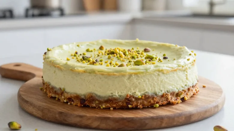 Délicieux cheesecake à la pistache cuit au airfryer, crémeux et savoureux.