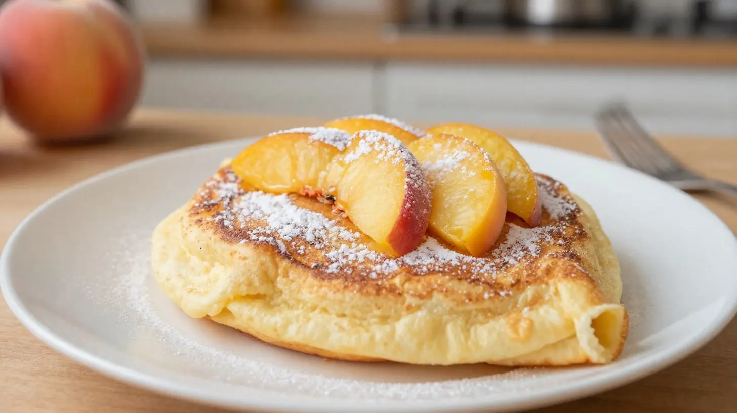 Délicieuse crêpe soufflée aux pêches cuite à l'airfryer, parfaite pour un dessert léger.