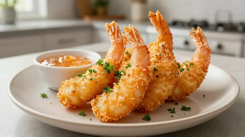 Savoureuses crevettes en robe de coco cuites au airfryer, croustillantes et parfumées.