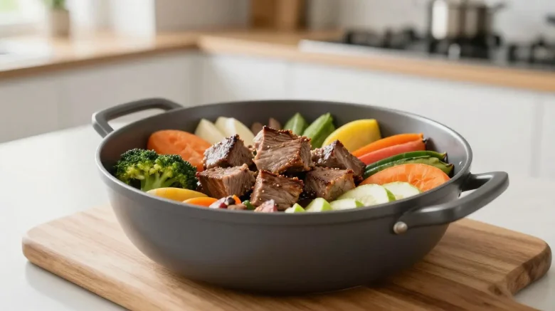 Savoureuse fondue bourguignonne cuite à la perfection dans un airfryer.