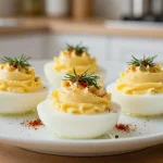 Délicieux œufs mimosa à l’estragon, préparés au airfryer pour une texture parfaite.
