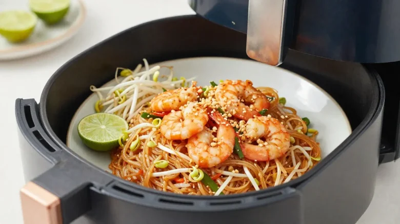 Délicieux pad thaï préparé dans un airfryer pour une option plus saine.