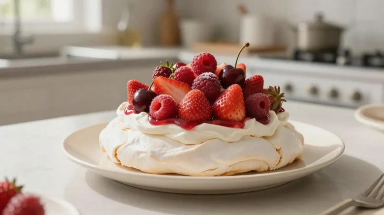 Pavlova aérienne garnie de fruits rouges frais, cuite dans un airfryer.