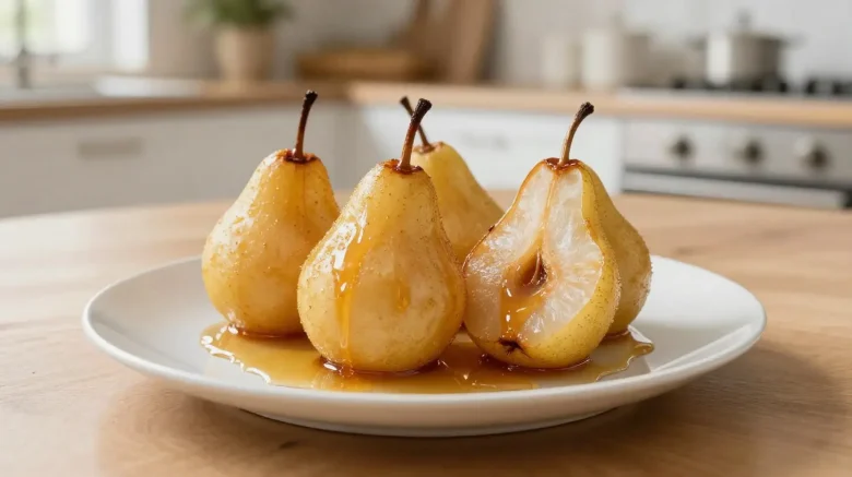 Délicieuses poires rôties au miel préparées dans un airfryer pour un dessert sain et savoureux.