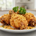 Délicieux poulet pané avec des corn flakes préparé dans un airfryer, croustillant et savoureux.