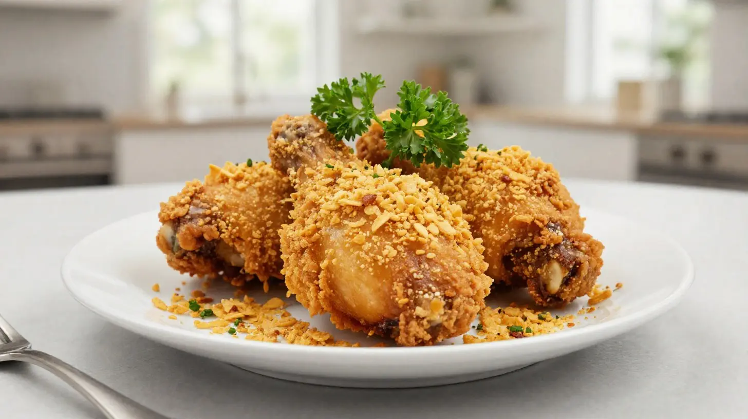 Délicieux poulet pané avec des corn flakes préparé dans un airfryer, croustillant et savoureux.
