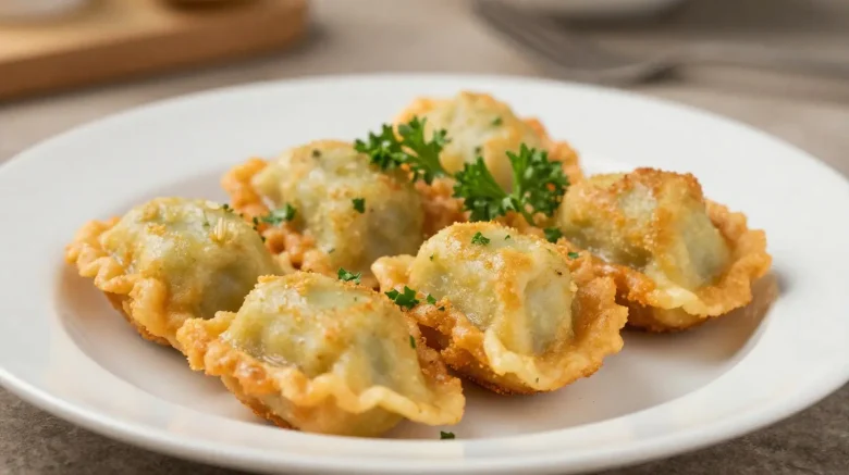 Ravioles croustillantes cuites à l'airfryer, parfaites pour une entrée délicieuse et légère.
