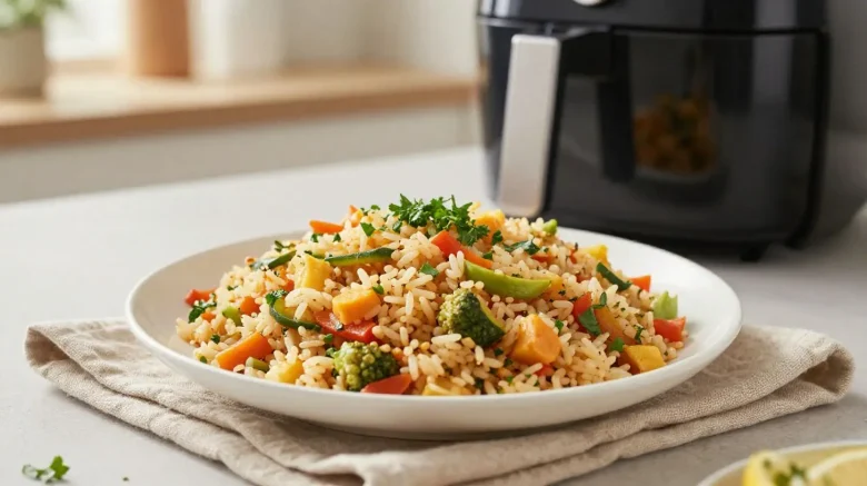 Délicieux riz pilaf préparé avec un airfryer, alliant rapidité et saveurs.