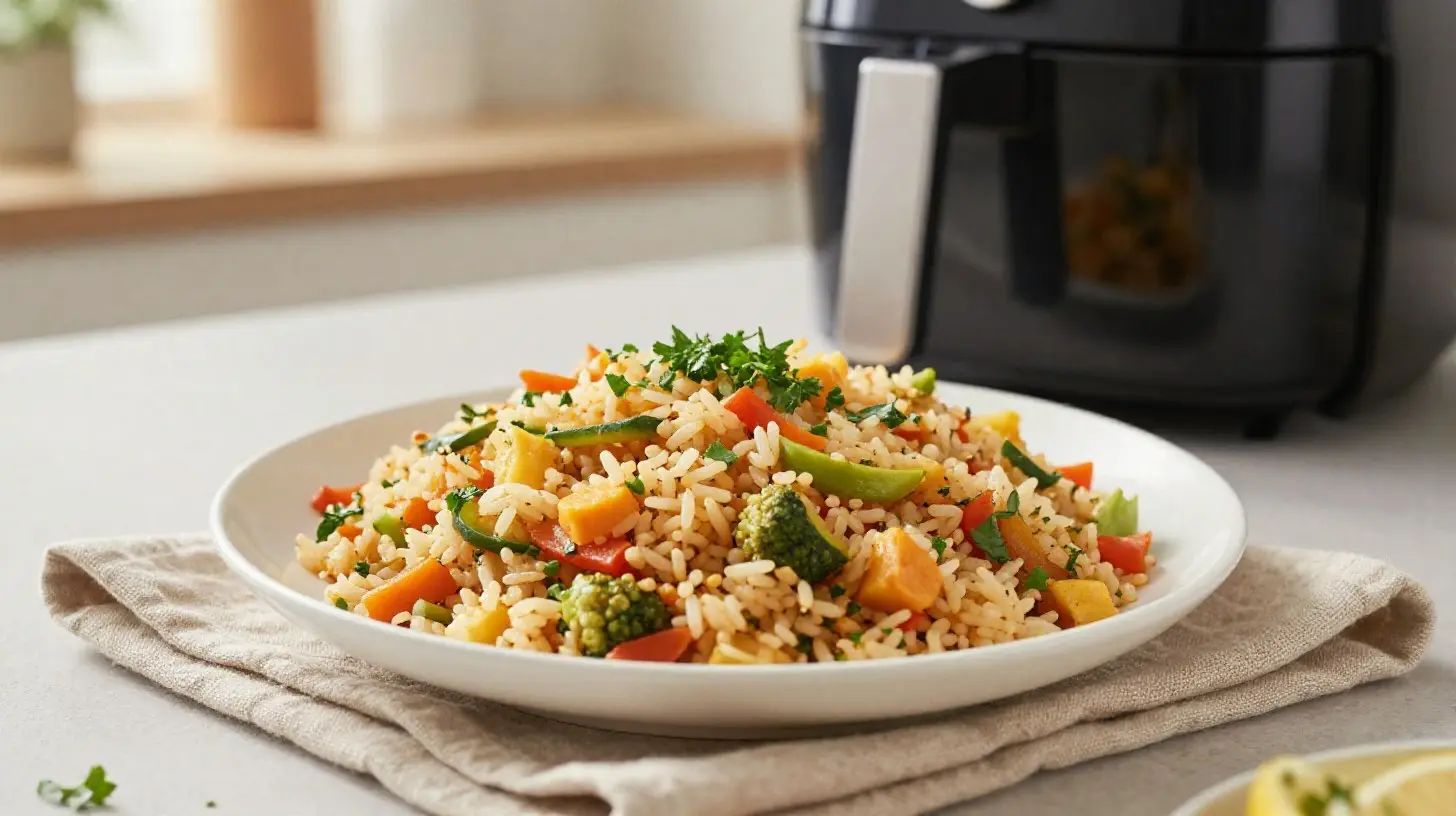 Délicieux riz pilaf préparé avec un airfryer, alliant rapidité et saveurs.