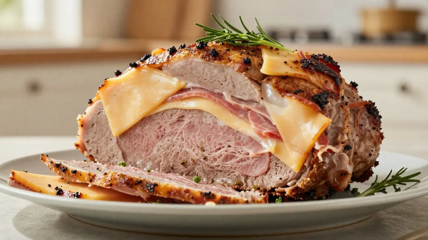 Rôti Orloff cuit à la perfection dans l'airfryer, avec un goût savoureux et une présentation appétissante.