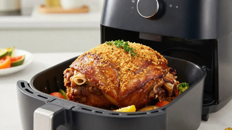 Délicieuse rouelle de porc cuite à la perfection dans l'airfryer, dorée et juteuse.