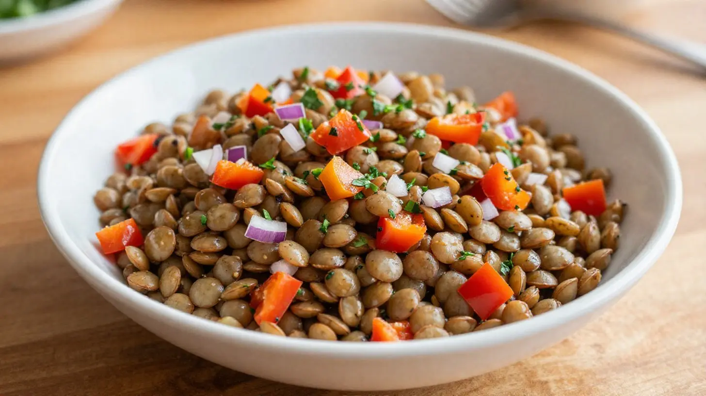 Savoureuse salade de lentilles croquantes préparée dans l'airfryer, parfaite pour un repas léger.