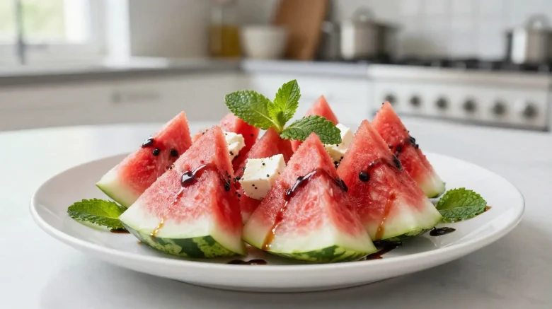 Délicieuse salade de pastèque avec feta préparée à l'airfryer, fraîche et estivale.