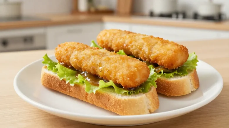 Délicieux sandwich aux doigts de poisson cuits au airfryer, croustillant et savoureux.