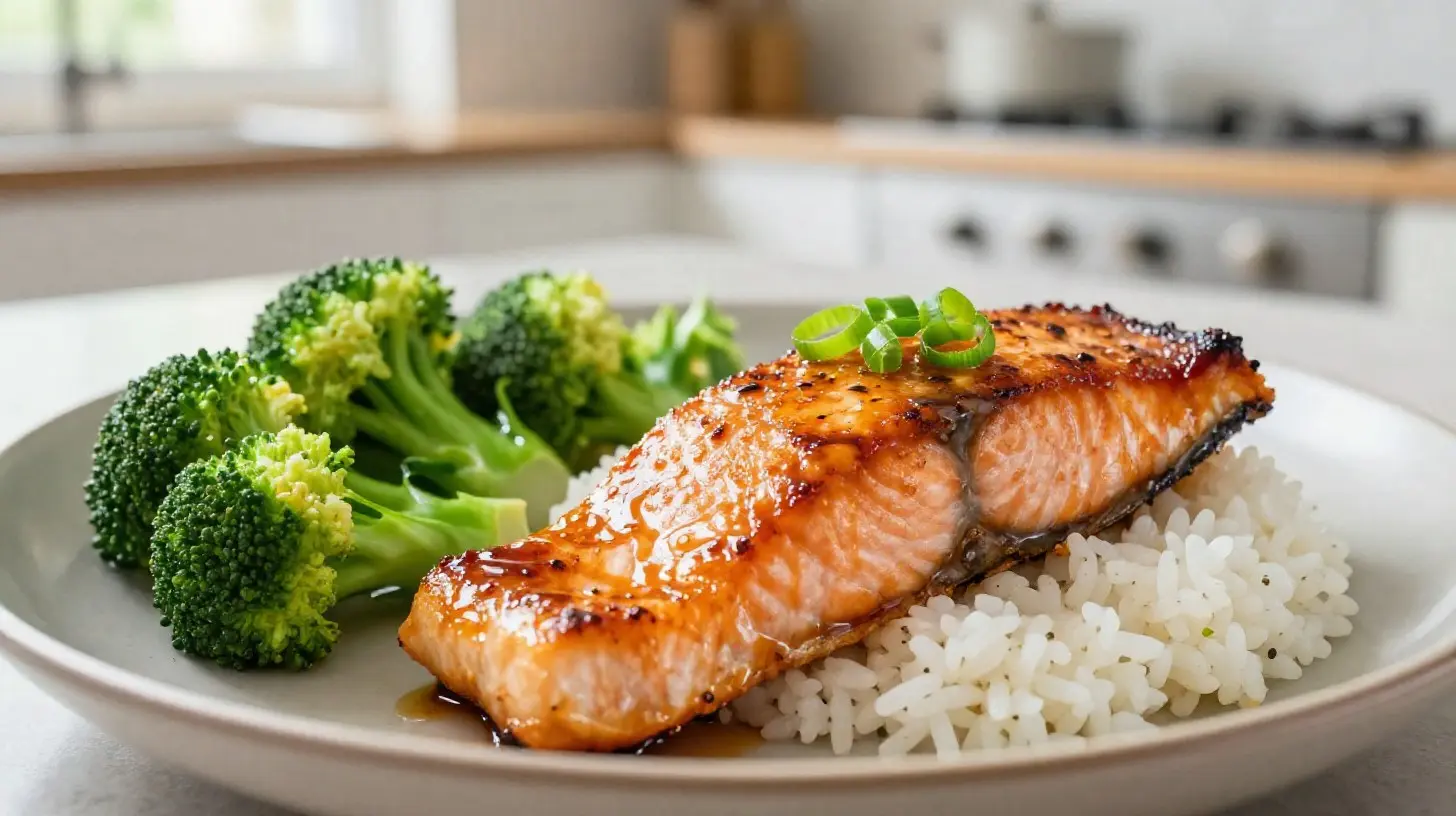 Délicieux saumon teriyaki préparé au airfryer, avec une croûte brillante.