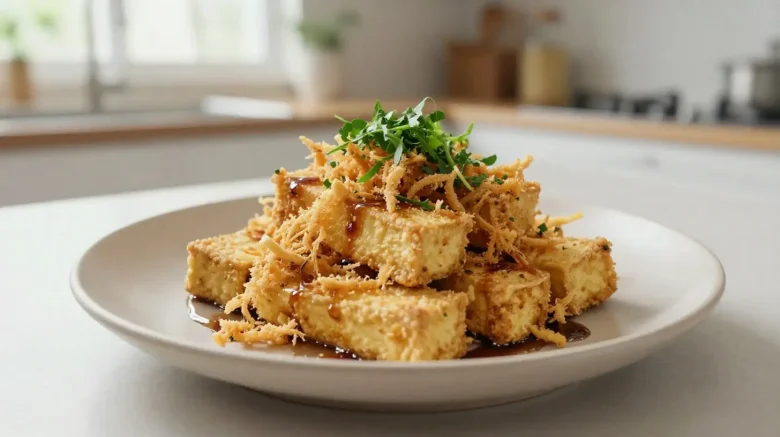 Tofu effiloché croustillant cuit à l'airfryer, délicieux et sain.
