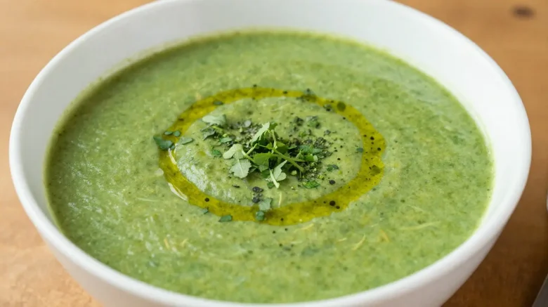 Une délicieuse soupe detox aux légumes verts préparée avec un airfryer.