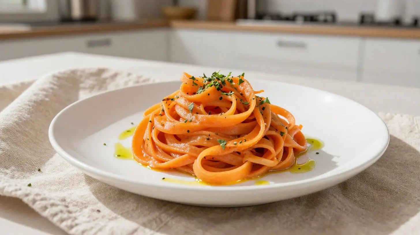 Tagliatelles de carottes délicatement cuites à l'airfryer pour un plat savoureux et léger.