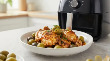 Savoureux tajine de poulet aux olives préparé dans un airfryer, plein de saveurs.