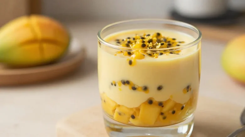 Délicieuses verrines légères à la mangue et au fruit de la passion, préparées à l'airfryer.