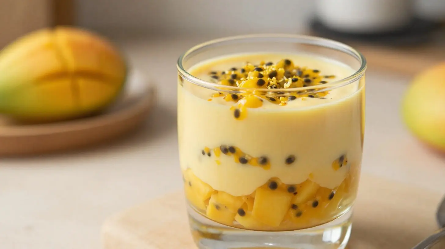 Délicieuses verrines légères à la mangue et au fruit de la passion, préparées à l'airfryer.