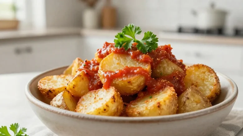 Délicieuses patatas bravas croustillantes cuites au airfryer, parfaites pour un apéritif.